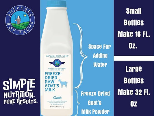 Shepherd Boy Farms Freeze Dried Raw Goats Milk with Probiotics for Dogs & Cats (Classic), High Protein Digestible Goat Milk for Sensitive Stomachs, Food Topper, Dog Camping Essentials - Makes 32 FL OZ
