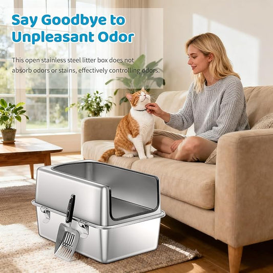 Stainless Steel Cat Litter Box, 19.7" L x 13.8" W x 11.8" H Large Semi Enclosed Removable Metal Litter Tray with High Sided Enclosure, Scoop, Anti-Leakage, Non-Sticky, Easy Cleaning