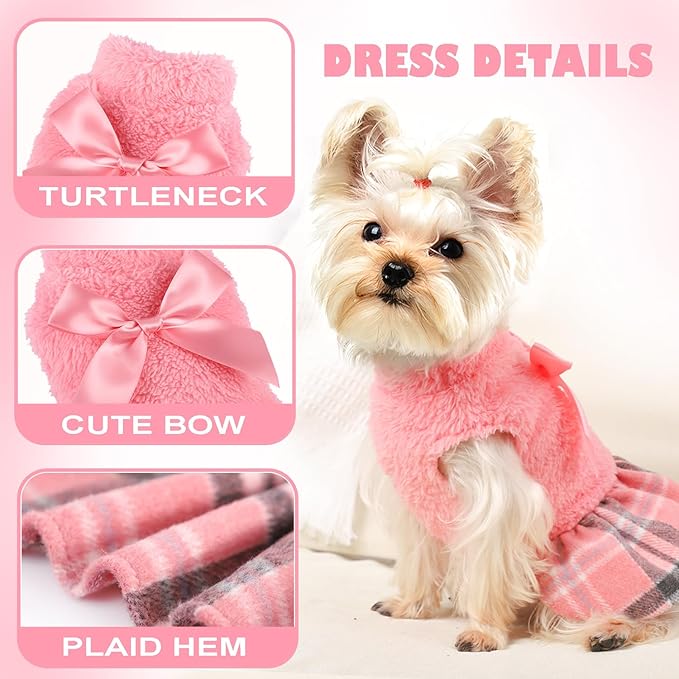 Winter Dog Dresses for Small Dogs Girl Turtleneck Pink Sweater Dress with Plaid Hem Soft Warm Fleece Clothes Female XXS Puppy Pet Coat Size XX-Small