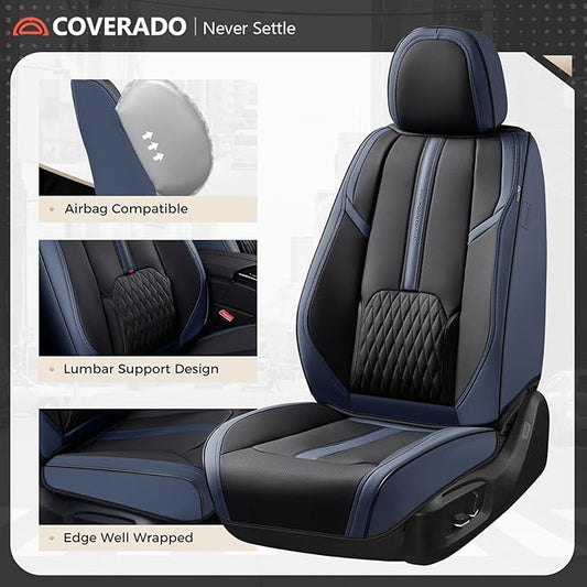 Coverado Car Seat Covers, Front and Back Seat Covers, Universal Seat Cover for Cars with Lumbar Support, Faux Leather Car Seat Protector Waterproof Car Seat Cushions Fit for Most Vehicles (Blue&Black)