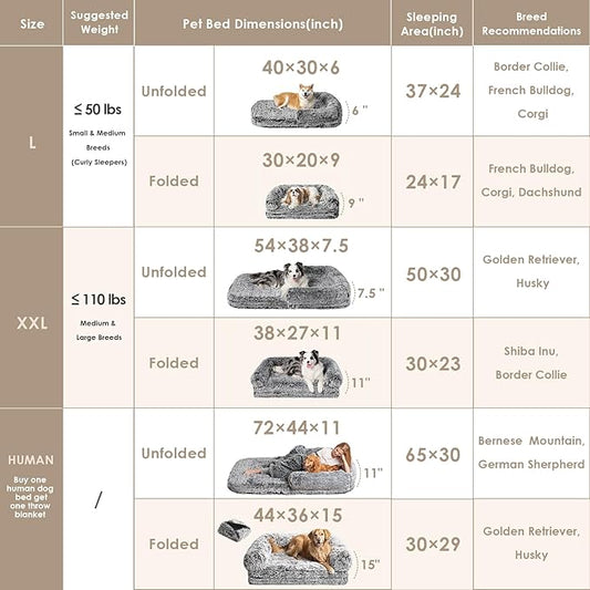 EHEYCIGA Foldable XXL Dog Bed for Large Sized Dog, 54"x38"x7.5" Faux Fur Fluffy Pet Couch Bed, Orthopedic Calming Memory Foam Big Pet Bed, Washable Pet Sofa Bed with Non-Slip Bottom, Faded Black
