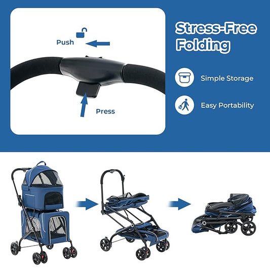 Pet Stroller with Detachable Carriers, Adjustable Cat Stroller for Small & Medium Pets, 4-in-1 Cat Carriers with Safety Belt and Lockable Wheels, Navy Blue