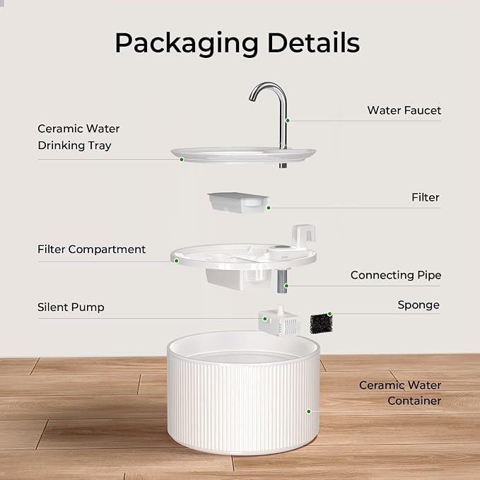 Voluas 2.2L Ceramic Cat Water Fountain with 3 Filter Automatic Pet Fountain | 74oz capacity, ceramic bowl, 4-layer filtration, ultra-quiet pump, faucet and bubbling modes, easy to clean, dishwasher-safe
