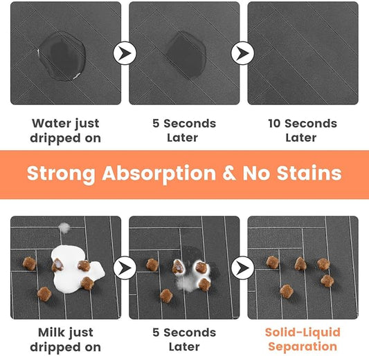 Pet Feeding Mat-Absorbent Pet Placemat for Food and Water Bowl, with Waterproof Rubber Backing, Quick Dry Water Dispenser Mat for Dog and Cat (27"x17", Striped Dark Gray)