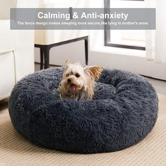 WNPETHOME Donut Dog Beds Large Sized Dog,Anti-Anxiety Caming Large Pet Bed,Fluffy Faux Fur Plush Puppy Bed,Warming Cozy Soft Round Bed for Pet, Cat Cuddler Cushion