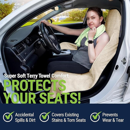 Season Guard Waterproof Towel Seat Cover with Non Slip Grip - Washable Carseat Protector Great for Gym Workout - Universal Terry Cloth Seat Cushion with Pocket Fit for Car SUV Van Truck 1pcs Beige