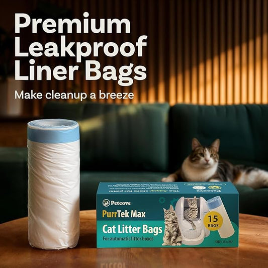PurrTek Max Cat Litter Box Liners — LitterWrap Drawstring Bags for Automatic & Self-Cleaning Litter Boxes | Precision Fit, Jumbo Heavy-Duty, Leak-Proof, Unscented Odor Control, Replacement Refills