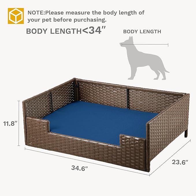 DWVO Rattan Dog House Outdoor Indoor with Cushion, Wicker Dog Sofa Bed for Small, Medium, and Large Dogs, 34.6''L*23.6''W*11.8''H, Blue