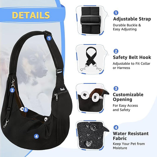 SlowTon Dog Carrier Sling - Thick Padded Shoulder Strap Adjustable Dog Carriers for Small Dogs, Puppy Carrier Purse for Pet Cat with Front Zipper Pocket Safety Belt Machine Washable Waterproof Black L