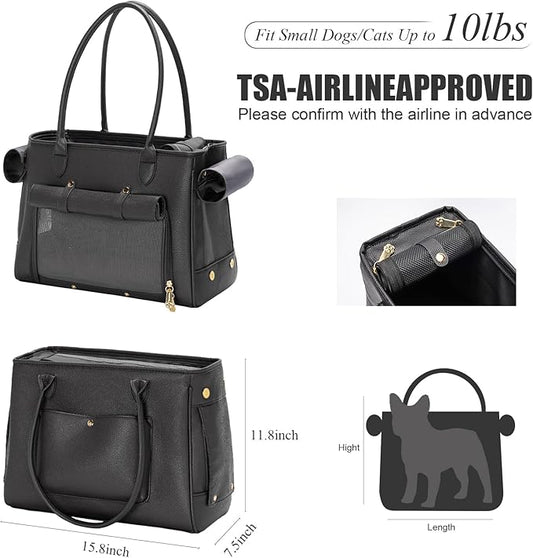 Fashion Pet Carrier Purse for Small Cat and Dog, Luxury Pu Soft-Sided Tote Bag with Large Pockets for Dogs and Puppies (Black, 15.8" L x 7.5" W x 11.8" H)