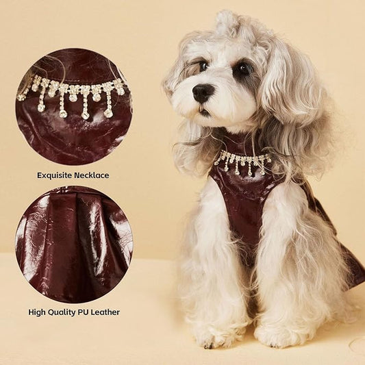 Luxury Dog Dress Girl Puppy Pu Leather Motorcycle Jacket Princess Tutu Skirt Apparel Designer Pet Birthday Wedding Costume with Necklace for Medium Dogs L