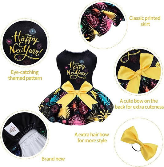 CuteBone Happy New Year Dog Dresses Velvet Holiday Small Dogs Clothes Onesie Pet Apparel Girl Puppy Skirt with Bow Hair Rope CVA56XS-D