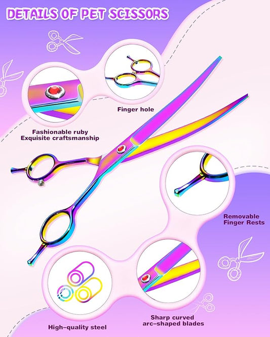 7.3" Dog Grooming Scissor - Professional Down-curved Shear with Ergonomic Handle Stainless Steel Hair Shears for Dogs, Cats and Other Pets - Pet Hair Trimming Scissor(Curved, Iridescent)