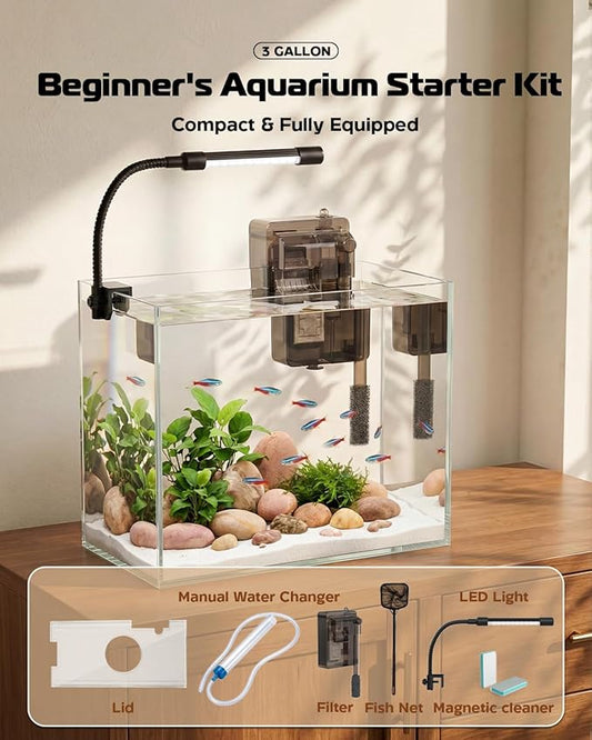 Glass Fish Tank Kit, 3 Gallon Betta Fish Tank Aquarium Starter Kit with Filter, Lights, Lid, for Betta, Goldfish, Small Fish or shrimg,Clear