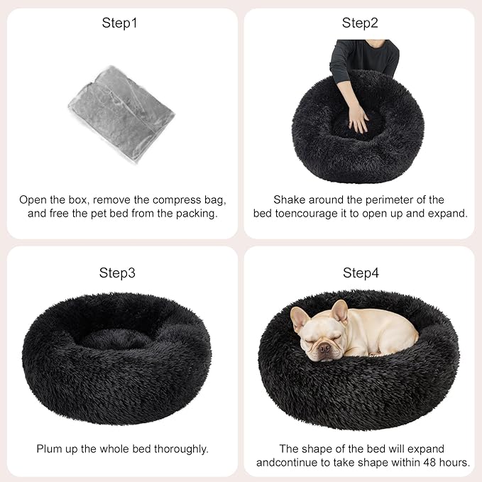 Dog Bed Calming Beds for Small Medium Large Dogs - Round Donut Washable Puppy Dog Bed, Anti-Slip Faux Fur Fluffy Donut Cuddle Anxiety Cat Pet Bed(32'' Black)