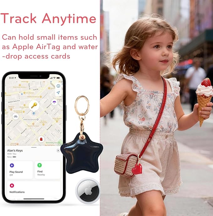 Leather Charm Keychain Holder Case Compatible with AirTag,Cute Protective Star-Shaped Cover with Luxe Ring Clip,Finder GPS Tracker Case for Wallet Keys,Bag,Pets(Black)