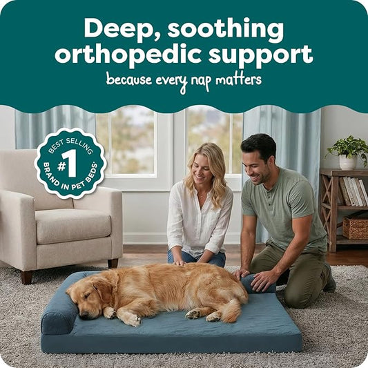 Furhaven Orthopedic Dog Bed for Large Dogs w/ Removable Bolsters & Washable Cover, For Dogs Up to 95 lbs - Pinsonic Quilted Paw L Shaped Chaise - Bluestone, Jumbo/XL