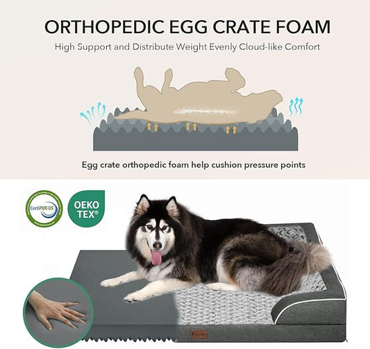 Orthopedic Dog Beds for Extra Large Sized Dogs, Waterproof Memory Foam XL Pet Bed with Sides 48x30Inch, Non-Slip and Egg-Crate Foam Big Dog Couch Bed with Removable Washable Cover, Dark Grey