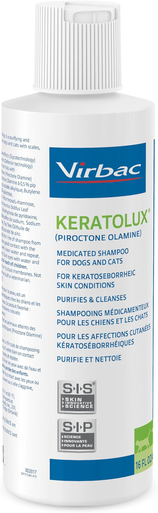 Virbac KERATOLUX® (Piroctone Olamine) Medicated Shampoo for Oily to Flaky Skin, Seborrheic Prone Dogs and Cats - 16 oz