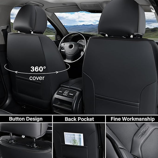 Coverado Car Seat Covers Full Set, Premium Nappa Leather Seat Covers for Car, Waterproof Car Seat Protector with Lumbar Support, Automotive Seat Covers Universal Fit for Most Cars SUV Truck(Black)