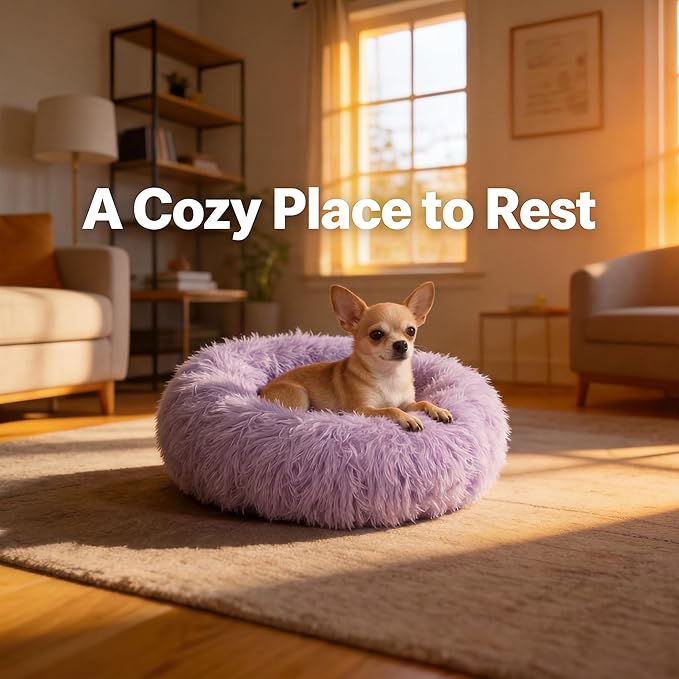 Tiny Dog Bed 15 Inch for Extra Small Dogs,Washable Puppy Bed,Soft Faux Fur Calming Donut Bed for Chihuahua Yorkie Maltese Pomeranian,Purple