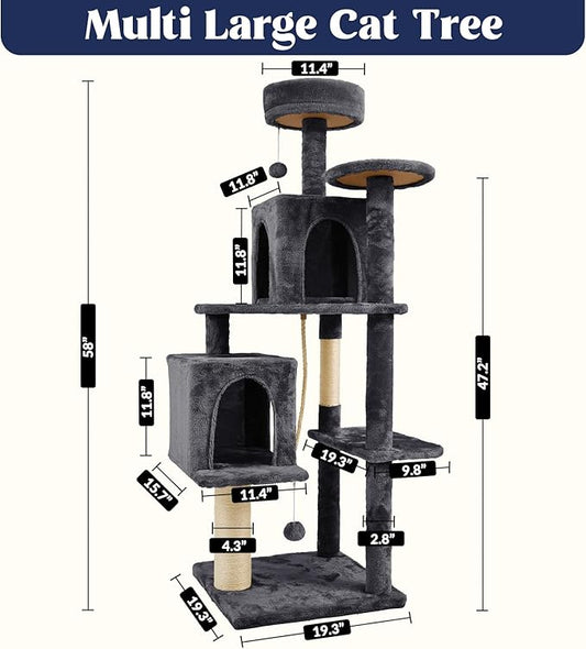 58 Inch Cat Tree Cat Tower for Indoor Cats Tall Cat Condos Scratching Post with Hanging Toy Furniture for Kitten Pets Play, Grey Black