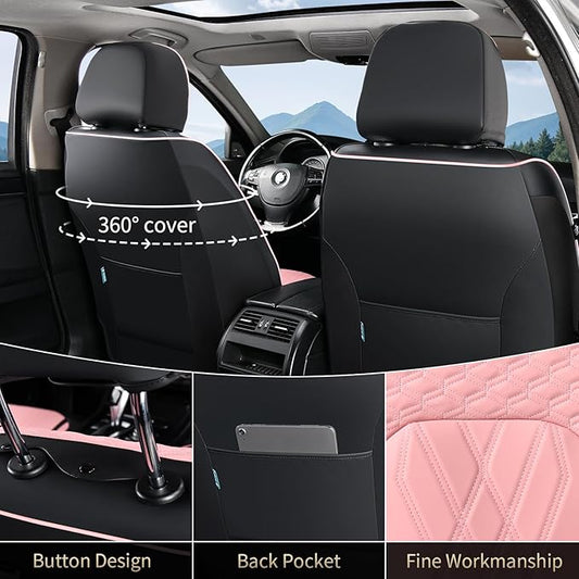 FLORICH Automotive Seat Covers Leather Pink Seat Covers for Cars Front Seats Waterproof Car Seat Cushion Interior Covers Protector Vehicle Seat Cover Universal Fit for Most Car Truck SUV, Black&Pink