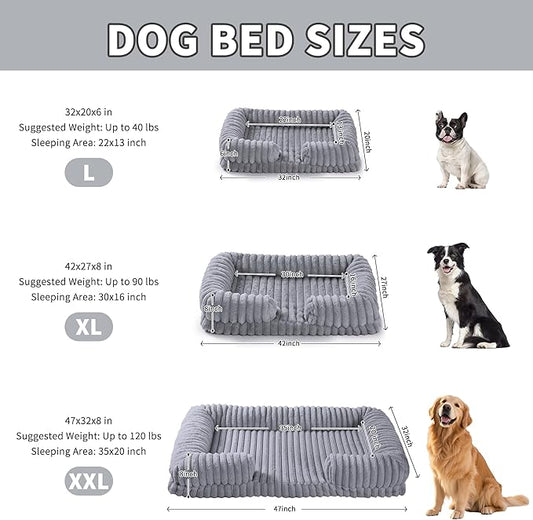 Orthopedic Dog Bed for Large Dogs, Removable Washable Cover & Waterproof Lining, Egg Support Foam with Stripe Faux Rabbit Fur, 47x32x3 Inches, Gray