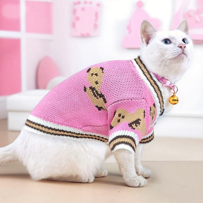 ABRRLO Small Dog Sweaters Cute Bear Dog Cardigans Clothes for Small Medium Dogs Boy Girl Puppy Cat Knitting Cardigan Outfits Dogs Winter Coats Warm Pet Doggy Clothes Soft Knitwear (Pink, Small)