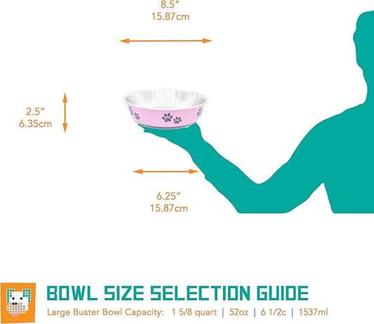 Fuzzy Puppy Food Bowl & Water Bowl for Dogs & Cats | Designer Series: Paw Print Detail, Stainless Steel & Pink, 52 oz (FPP-Pink L)