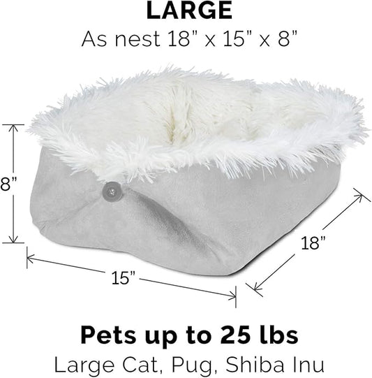 Furhaven Self-Warming Cat Bed for Indoor Cats, 4-Beds-in-1 & Washable - Plush Long Faux Fur Convertible Cuddler - Silver, Large