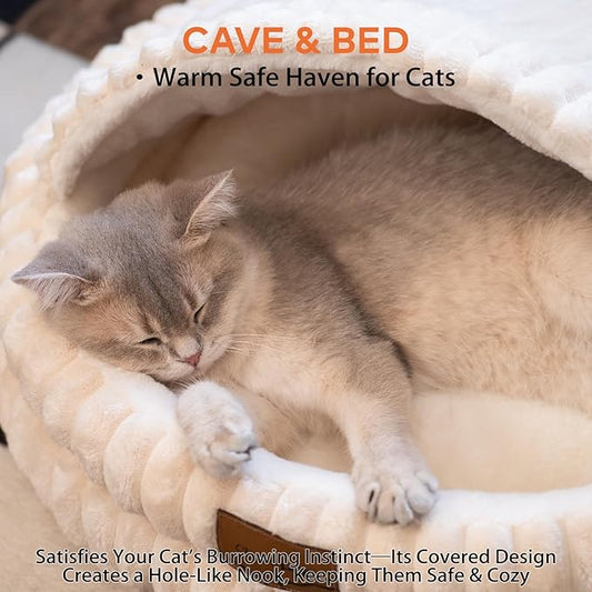CHEERPALS Cat Cave Bed for Indoor Cats, Washable Covered Cat Bed Hooded Kitty Bed Soft Fluffy Pet Bed for Puppy and Small Dog(White)