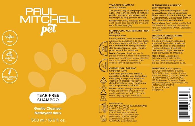 Paul Mitchell Pet Tear-Free Shampoo, Gentle Cleanser, 16.9 fl oz