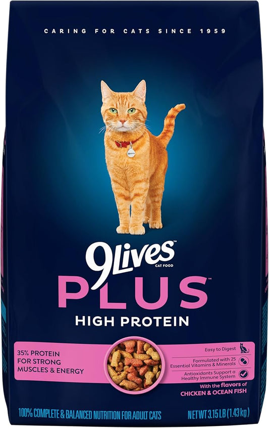 9Lives Plus High Protein Dry Cat Food, 3.15 lb. Bag (Pack of 4)