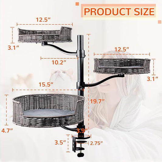 Niubya Cat Desk Bed Mount with Adjustable Height,Rattan Cat Desk Perch Supports 30 Lbs,360°Rotation Desktop Kitty Attachment for Indoor Home Office,3 Bed