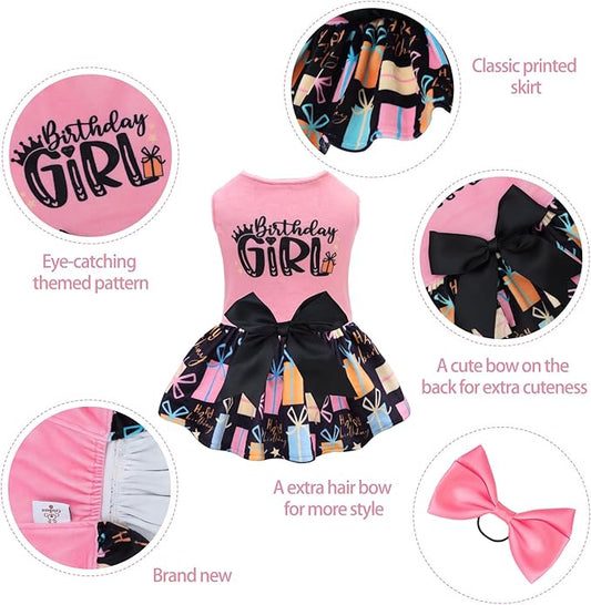 CuteBone Birthday Dog Dresses Velvet Holiday Small Dogs Clothes Onesie Pet Apparel Girl Puppy Skirt with Bow Hair Rope CVA48XXS-D