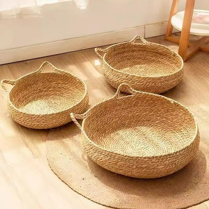 A cat Basket Woven from Cattail, Integrated cat Bed with cat Litter and Scratching Board, Foldable Sleeping Basket for Cats, Dogs, Rabbits, and Small Pets