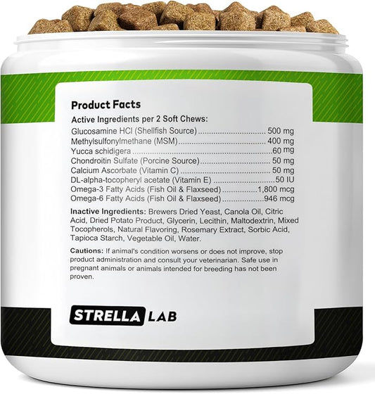 Glucosamine Treats for Dogs - Joint Supplement w/Omega-3 Fish Oil - Chondroitin, MSM - Advanced Mobility Chews - Joint Pain Relief - Hip & Joint Care - Hickory Bacon Flavor - 120 Ct - Made in USA