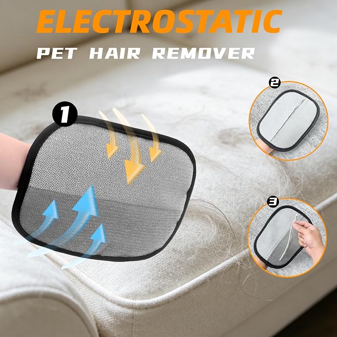 Upgraded Pet Hair Remover Glove, Reusable Five-Finger Snug Elastic Wrist Electrostatic Glove Magic Brush Dogs & Cats Hair Removal Tool for Furniture, Couch, Car Seats, Clothing, Carpet