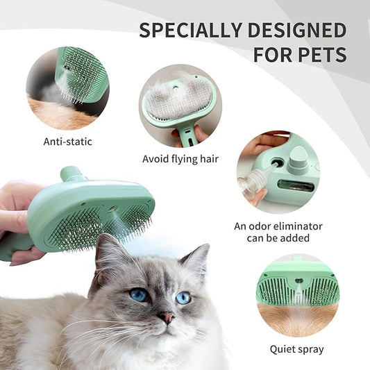 Pecait Cat Steam Brush for Shedding, 3 In 1 Steam Pet Brush Self Cleaning, Dog Brush for Long and Short Hair Dogs and Cats, Pet Grooming Comb Remove Tangled Loose Hair, Type-C Fast Charging (Green)