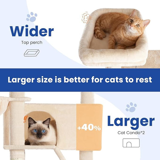 ABCPET Cat Tree 82 in Multi-Level Cat Tower for Indoor Cats, Heavy Duty Large Cat Tree with Sisal Scratching Posts, Hammock, 2 Perches, 2 Condos, 2 Hanging Baskets, Beige