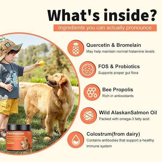 Allergy & Itch Relief for Dogs | Allergy, Itchy Skin & Immune Support with Salmon Oil, Quercetin, Colostrum and Probiotics -Nutritional Supplements 200 Soft Chews