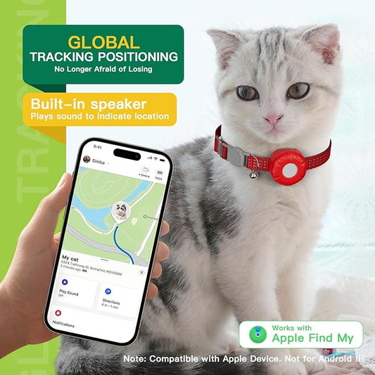 Cat Tracker,No Monthly Fee GPS Trackers for Cats Work with Apple Find My App(iOS Only),Real-Time Location Tracking,Cat Tracker GPS Collar with Safety Elastic Buckle-Red