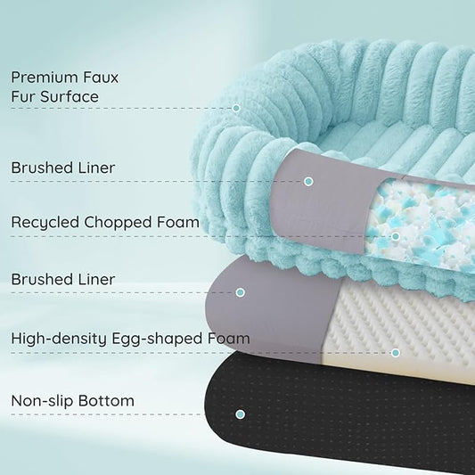ChiXnuggle Human Dog Bed for Adult - Luxury Striped Faux Fur Giant Dog Bed with Portable Handle, Egg Orthopedic Foam Pad with Thick Blanket, 72"x40"x10", Blue
