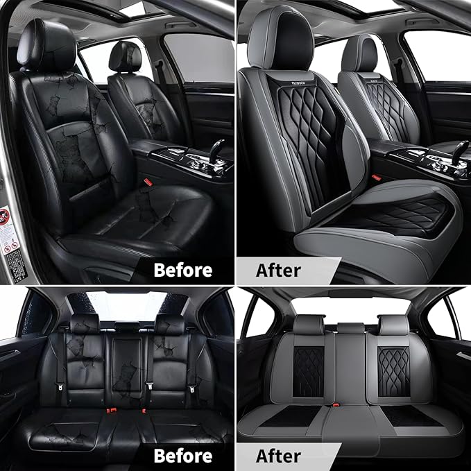 FLORICH Car Seat Covers Full Set, Leather Car Seat Protector, Waterproof Automotive Seat Cover with Anti-Slip Padded, Airbag Compatible, Universal Seat Covers Fit for Most Car - Gray&Black