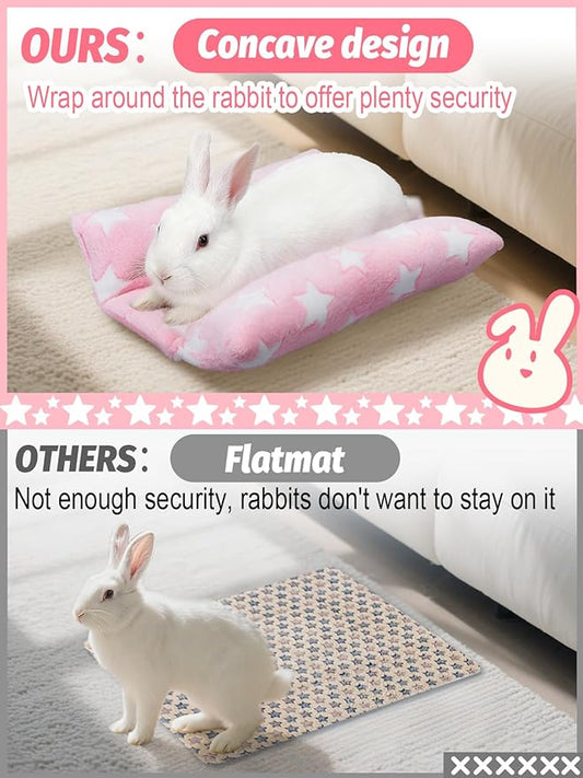 MEWTOGO 15.7" x 14" Bunny Bed for Rabbit Cage - Thickened Soft Prevent Sore Hocks Plush Mat with Cotton Lounger Pillows, Small Animal Flop Mat for Hutch Sleeping Indoor, Pink-Star