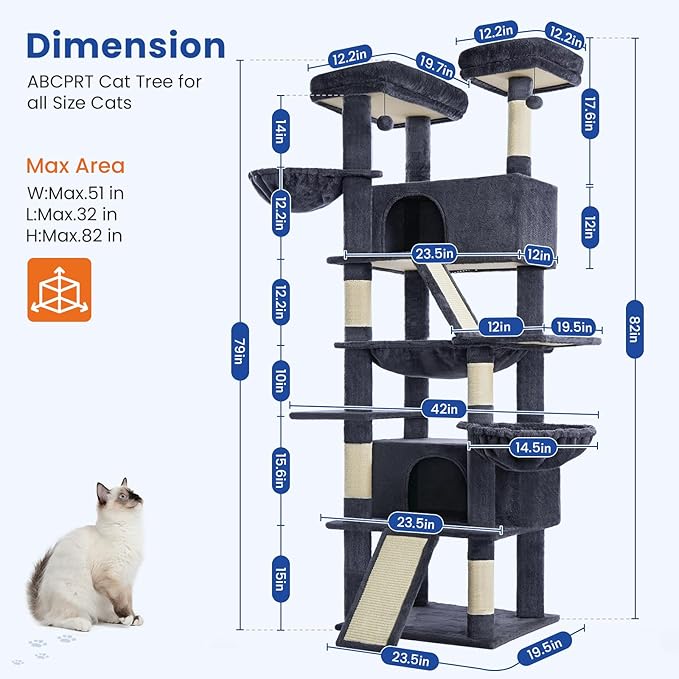ABCPET Cat Tree 82 in Multi-Level Cat Tower for Indoor Cats, Heavy Duty Large Cat Tree with Sisal Scratching Posts, Hammock, 2 Perches, 2 Condos, 2 Hanging Baskets, Dark Grey