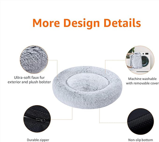 Amazon Basics Washable Donut Pet Bolster Faux Fur Bed with Removable Cover, Anti-Slip Bottom for Dog, Grey, 45" x 45"
