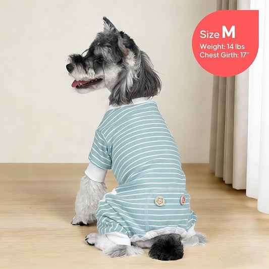 KYEESE Dog Pajamas Soft Striped Pet Jumpsuit Lightweight Doggie Jammies 4 Legs Dog Clothes Stretchable Pajamas Breathable Cozy Outfit Comfortable Onesie Sleepwear for Small Dogs,Green Striped, Large