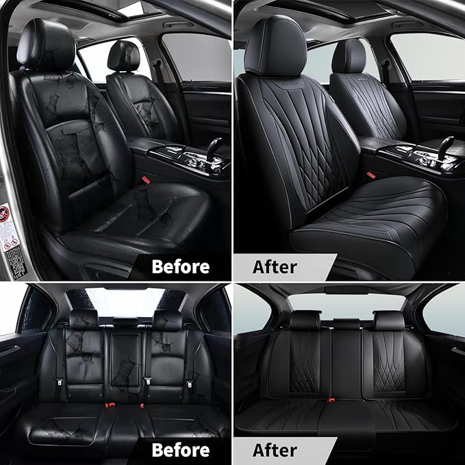 FLORICH Car Seat Covers Front Seats, Luxury Fashion Solid Black Seat Covers, Waterproof Nappa Leather Car Seat Protector, Airbag Compatible, Full Covered Car Seat Cover Universal Fit for Most Cars
